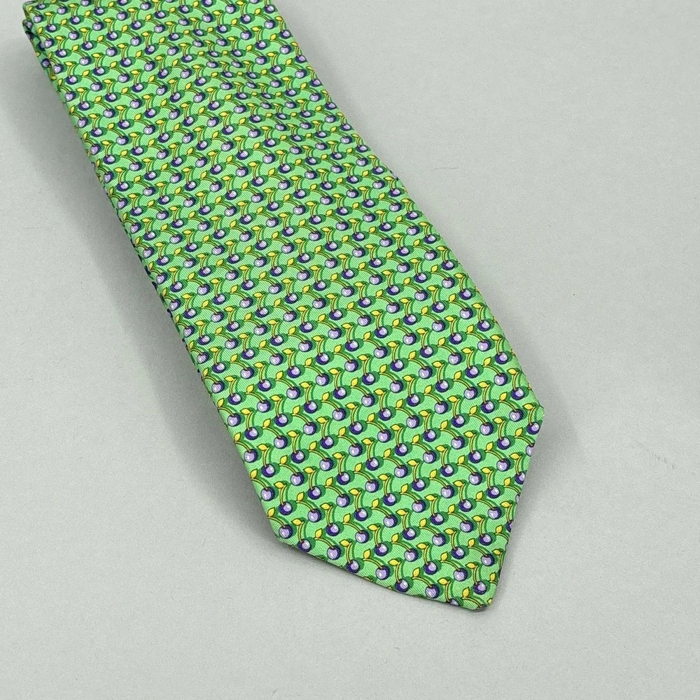 Robert Talbott Tie Mens Green Cherry Fruit Pattern Silk Made USA Necktie Novelty